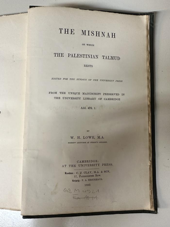 GB M 4921 : המשנה אשר עליה נוסד התלמוד הירושלמי מראשיתה ועד סופה (1883)