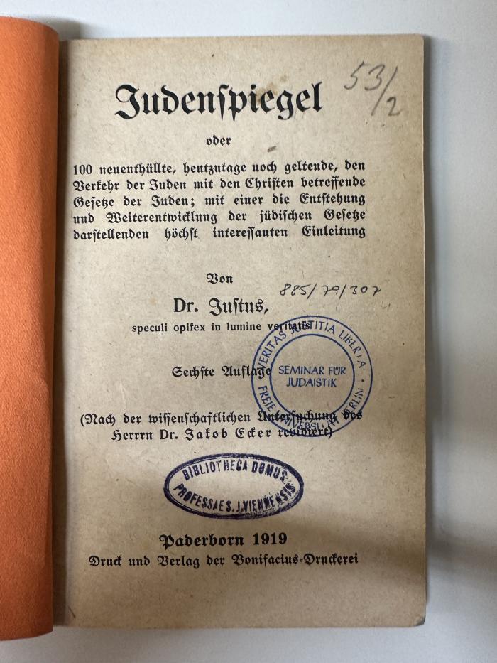 BD 7040 B857(6) : Judenspiegel oder 100 neuenthüllte, heutzutage noch geltende, den Verkehr der Juden mit den Christen betreffende Gesetze der Juden; … (1919)