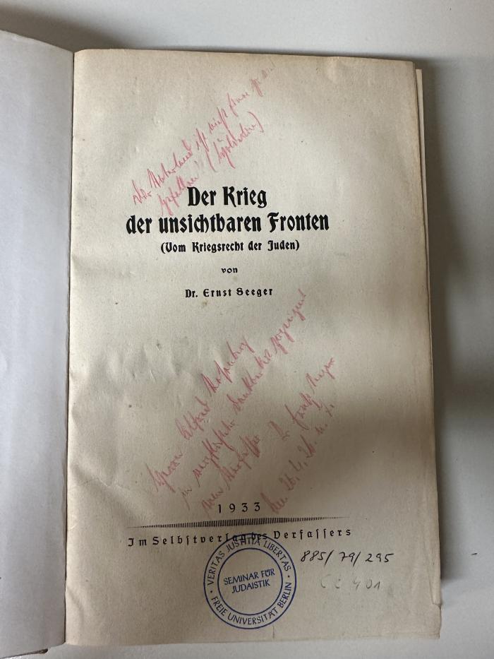 BD 7040 S451 : Der Krieg der unsichtbaren Fronten : (vom Kriegsrecht der Juden) (1933)