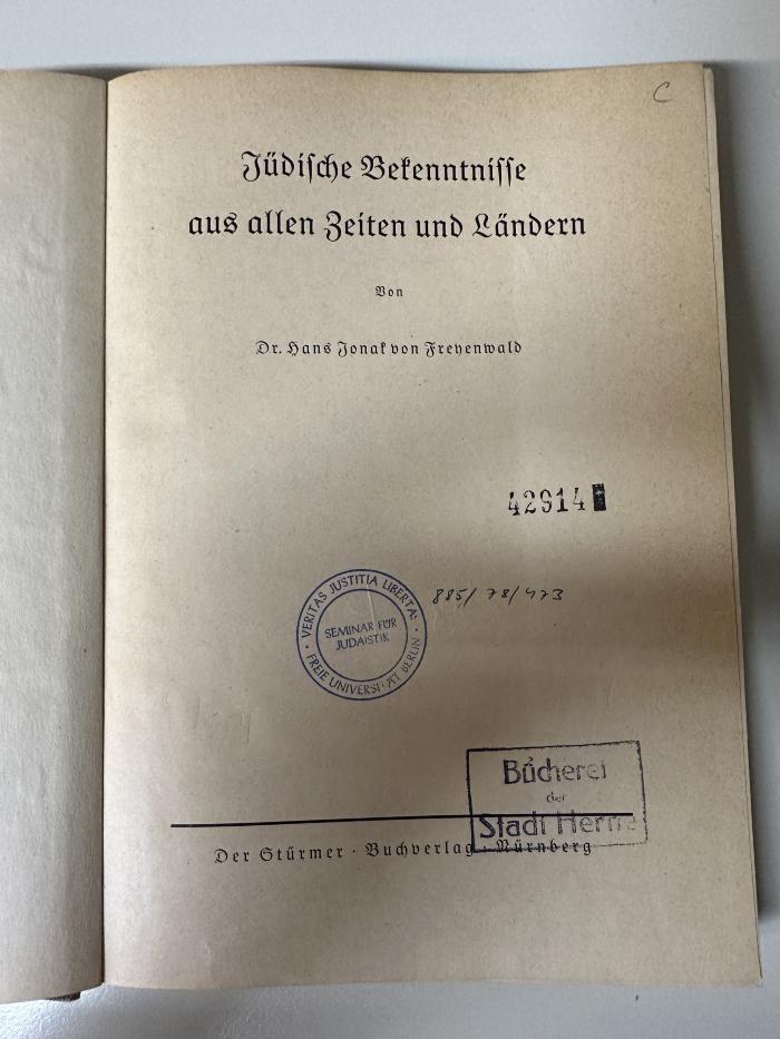 BD 7040 F893 : Jüdische Bekenntnisse aus allen Zeiten und Ländern (1941)