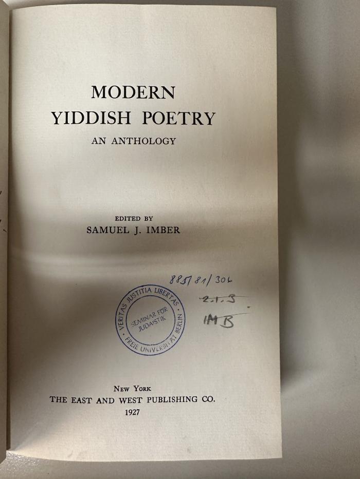 BD 8843 I32 : Modern Yiddish poetry : an anthology (1927)