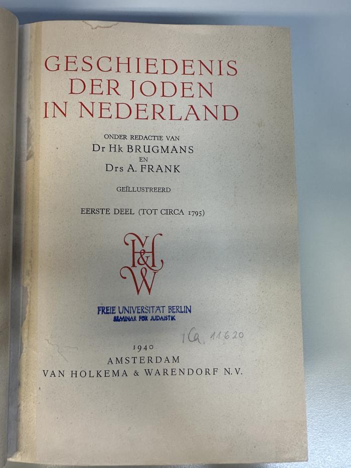 BD 9250 B891-1 : Geschiedenis der Joden in Nederland. 1, Tot circa 1795 (1940)