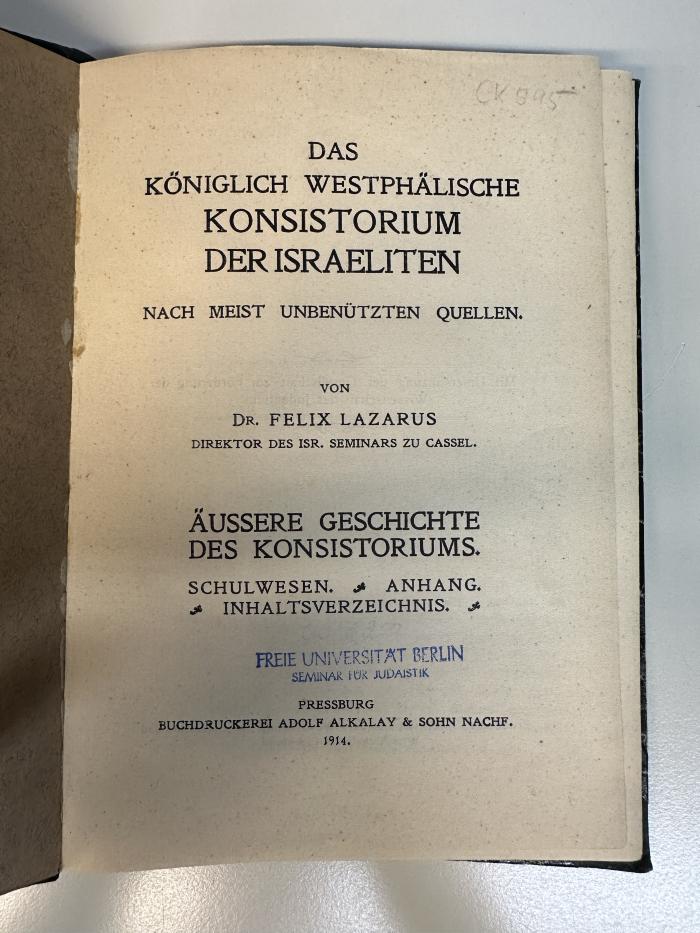 BD 9250 L431 : Das Königlich-Westphälische Konsistorium der Israeliten : nach meist unbenützten Quellen (1914)