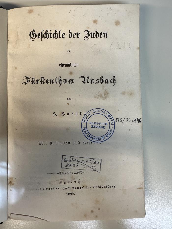 BD 9255 A617 H1 : Geschichte der Juden im ehemaligen Fürstenthum Ansbach (1867)