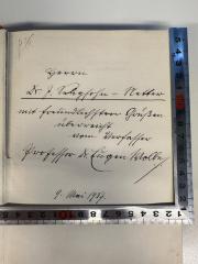 - (Seligsohn, Julius L.;Wolbe, Eugen), Von Hand: Widmung, Berufsangabe/Titel/Branche, Datum; 'Herrn Dr. J. Seligsohn = Vetter
mit freundlichen Grüßen überreicht vom Verfasser
Professor Dr. Eugen Wolbe
9. Mai 1937'. 