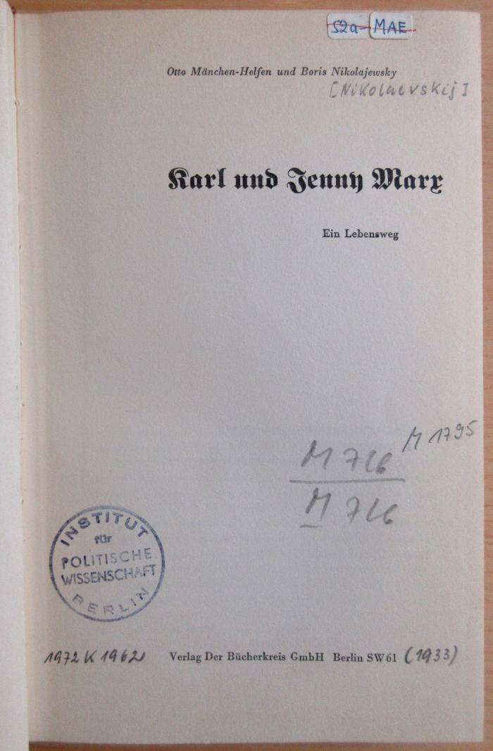 M 726 M 17 95 : Karl und Jenny Marx - Ein Lebensweg (1933)