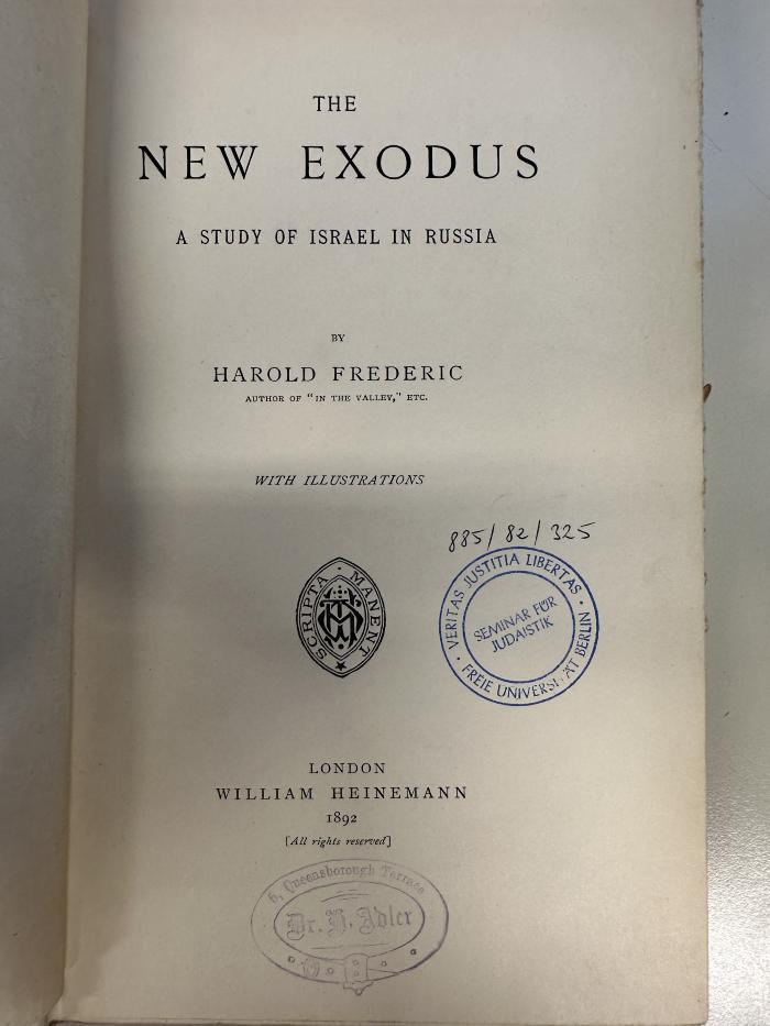 BD 9420 F852 : The new exodus : a study of Israel in Russia (1892)