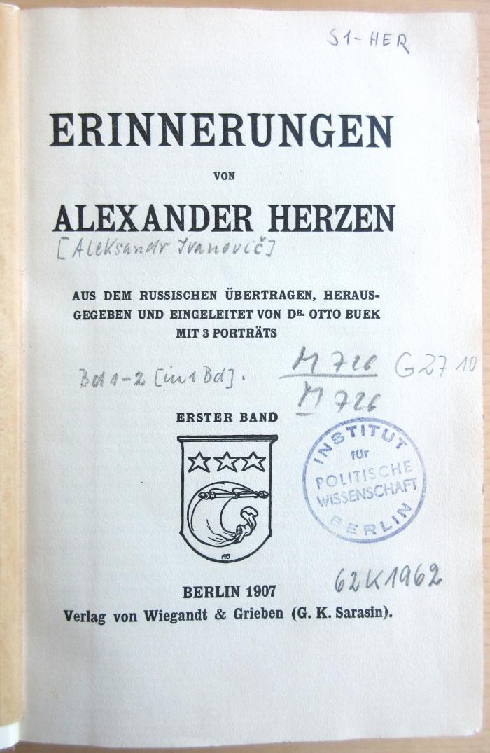 M 726 G 27 10 : Erinnerungen von Alexander Herzen (1907)