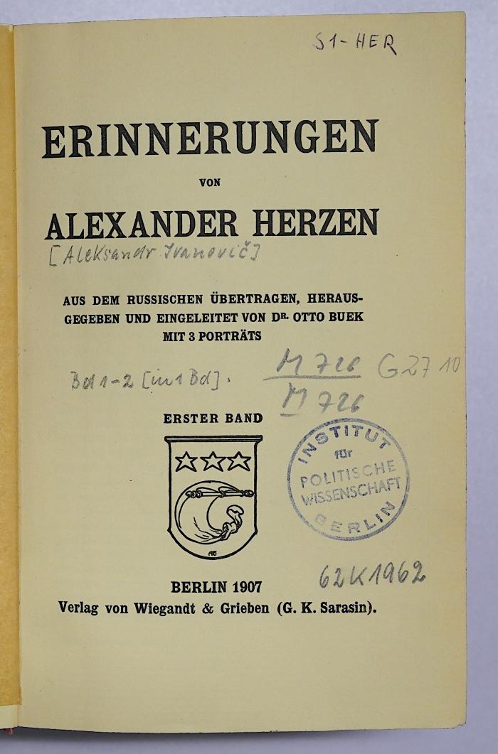 M 726 G 27 10 : Erinnerungen von Alexander Herzen (1907)
