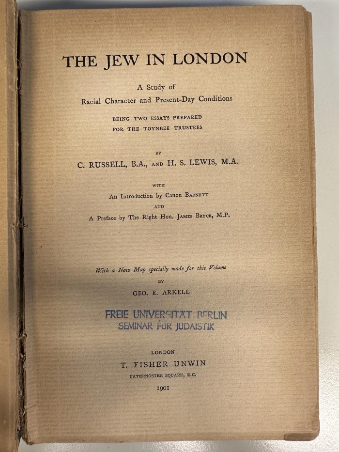 BD 9340 R961 : The Jew in London : a study of racial character and present-day conditions being two essays prepared for the toynbee trustees (1901)