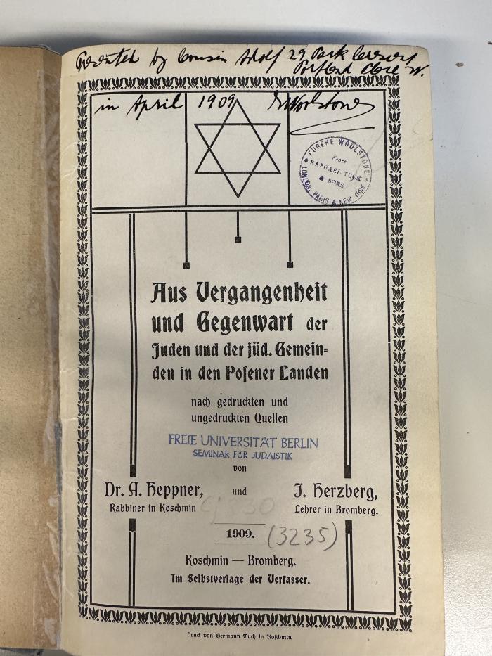 BD 9420 H529-1 : Aus Vergangenheit und Gegenwart der Juden und der jüdischen Gemeinden in den Posener Landen. (1909)