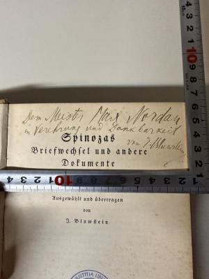 - (Nordau, Max), Von Hand: Widmung, Name, Autogramm; 'Dem Meister Max Nordau in Verehrung und Dankbarkeit von J. Blumsetin'. 
