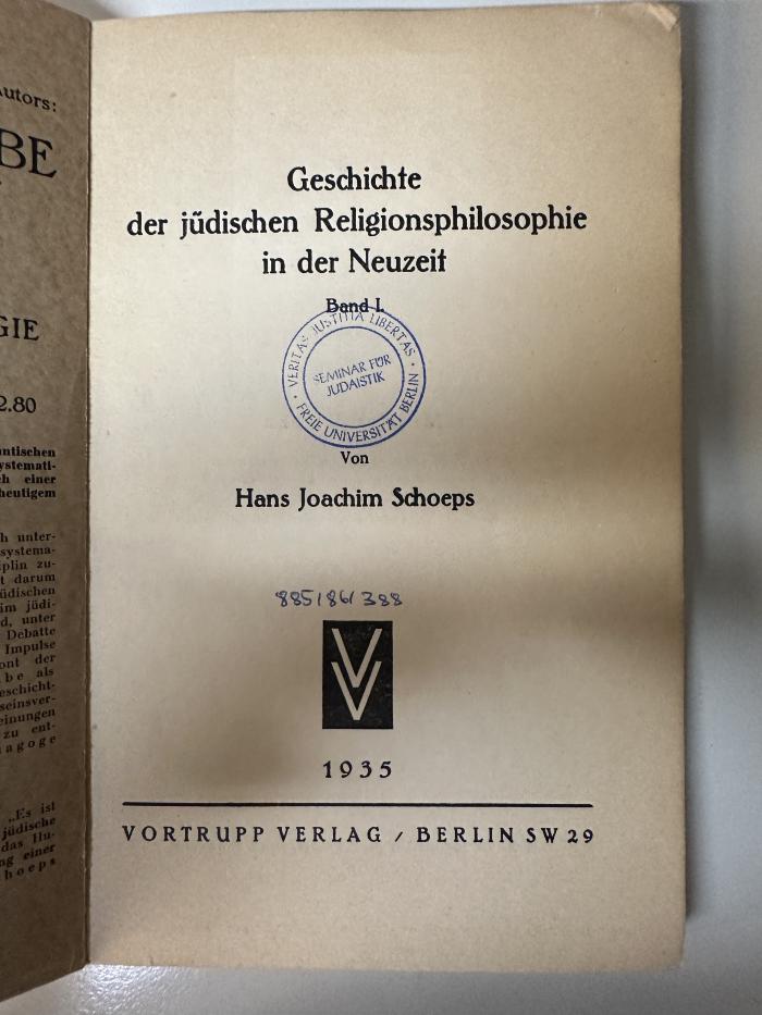 CD 1400 S367-1 : Geschichte der jüdischen Religionsphilosophie in der Neuzeit. 1 (1935)