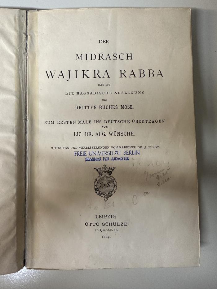 GB M 5079 : Der Midrasch Wajikra Rabba : das ist die Haggadische Auslegung des dritten Buches Mose. (1884)