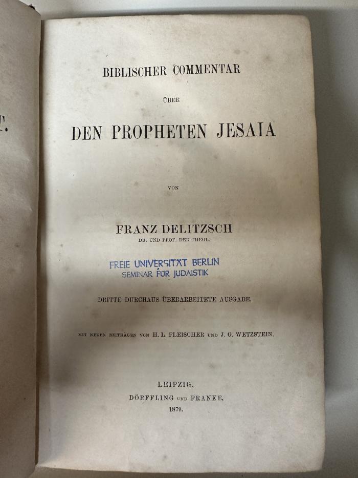 GB M 5064 : Biblischer Commentar über das Alte Testament. 3,1, T. 3, Prophetische Bücher ; Bd. 1, Biblischer Commentar über den Propheten Jesaia (1879)