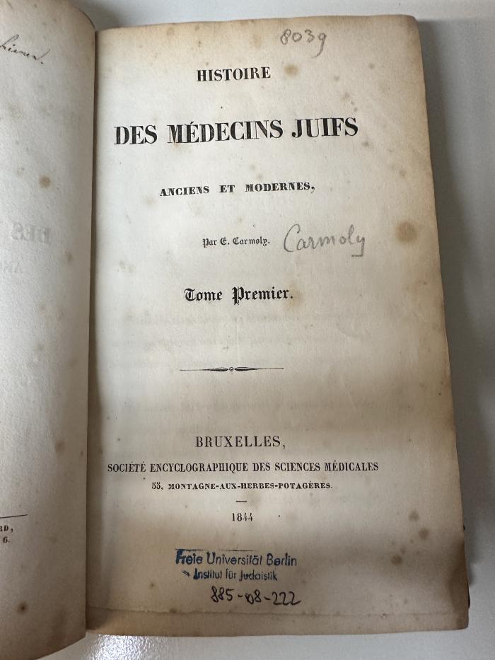 GB M 5069 : Histoire des médecins Juifs anciens et modernes. 1 (1844)