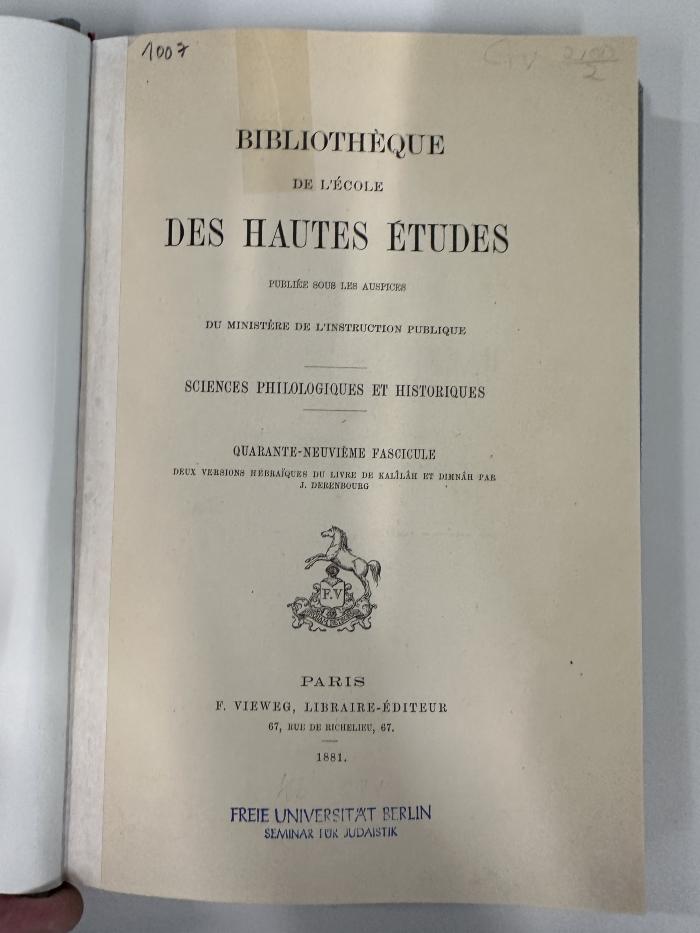 EN 2812 B585 K1HE(.1881) : Deux versions Hebraiques du livre de Kalîlâh et Dimnâh (1881)