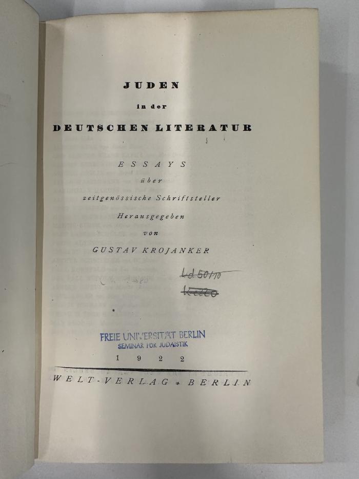 GM 1411 K93+2 : Juden in der deutschen Literatur : Essays über zeitgenössische Schriftsteller (1922)