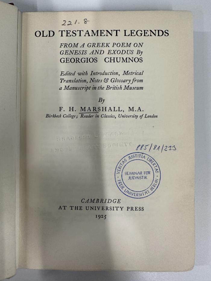 FL 16802 O44E : Old Testament legends : from a Greek poem on Genesis and Exodus (1925)