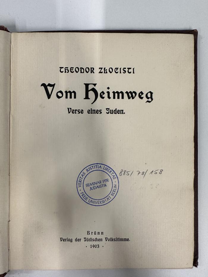 GM 7651 Z82 V9.1903 : Vom Heimweg : Verse eines Juden (1903)