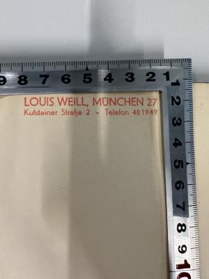 - (Weill, Louis), Stempel: Name, Ortsangabe; 'LOUIS WEILL, MÜNCHEN 27
Kufsteiner Straße 2 - Telefon 48 19 49'.  (Prototyp)