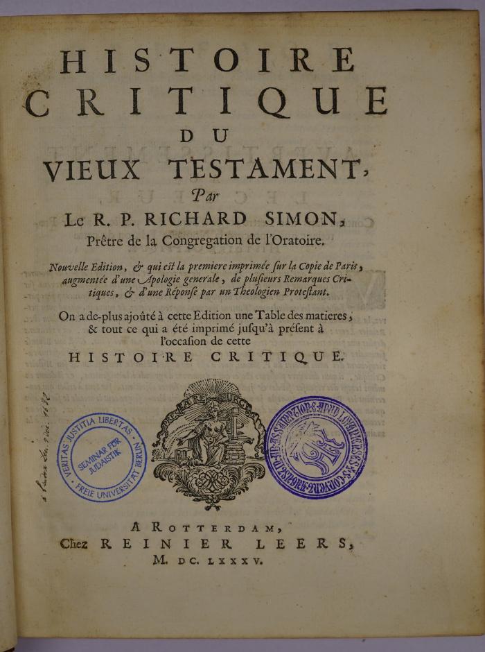 Rara M 2801 : Histoire Critique Du Vieux Testament (1685)