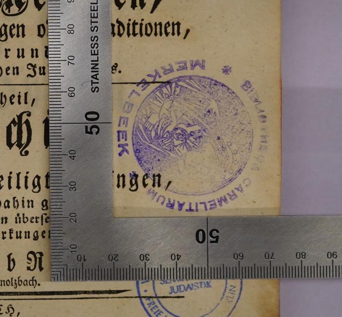 - (Bibliotheca Carmelitana Merkelbeek), Stempel: Abbildung, Berufsangabe/Titel/Branche, Ortsangabe; 'Bibliotheek Carmelitarum
Merkelbeek'.  (Prototyp)