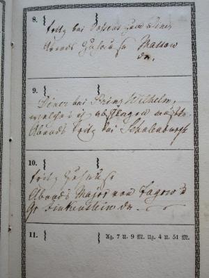  Taschenbuch für Das Geschäftsleben auf das Jahr 183...;- (Preußen, Wilhelm, Prinz, 1783-1851;Schulenburg, [?]), Von Hand: Name; 'Diner bei Prinz Wilhelm,
welches ich absagen mußte.
Abends Fritz bei Schalenburgk'. 