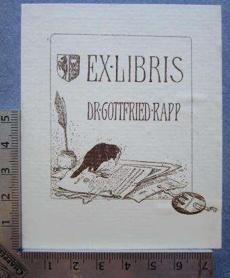  Thule : Altnordische Dichtung und Prosa. Einleitungsband; Islands Kultur zur Wikingerzeit (1920);- (Rapp, Gottfried Johann), Etikett: Exlibris, Name, Wappen; 'Ex Libris
Dr. Gottfried Rapp'.  (Prototyp)