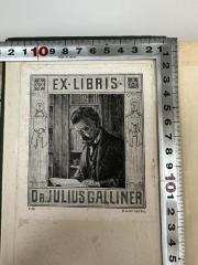 - (Galliner, Julius), Etikett: Exlibris, Portrait, Berufsangabe/Titel/Branche, Name; '✡ Ex Libris ⚝
Theologie Philosophie
Dr. Julius Galliner
1915 A. Galliner Teo.'. 
