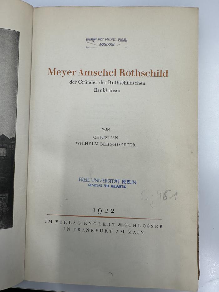 NY 9178 B497 : Meyer Amschel Rothschild : der Gründer des Rothschildschen Bankhauses (1922)