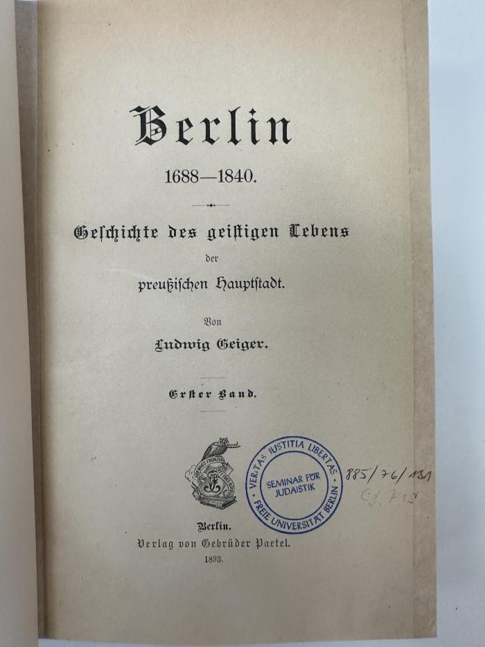 NR 6910 G312-1 : Berlin 1688 - 1840. 1 (1893)