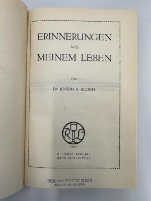 NY 9250 B651 E6-1 : Erinnerungen aus meinem Leben 1. (1922)