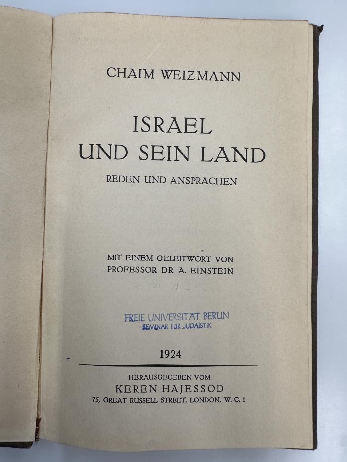 NY 9213 I85 : Israel und sein Land : Reden und Ansprachen (1924)