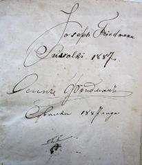 - (Friedmann, Joseph), Von Hand: Autogramm, Name, Datum, Nummer, Ortsangabe; 'Joseph Friedmann
Suwalki 1887.
[...]
[...]1887 [...]
N 5'. 