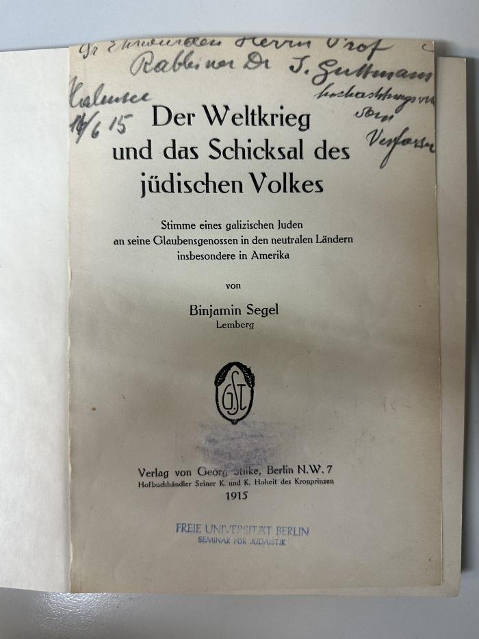 BD 9000 S454 : Der Weltkrieg und das Schicksal des jüdischen Volkes : Stimme eines galizischen Juden an seine Glaubensgenossen in den 
neutralen Ländern, insbes. in Amerika (1915)