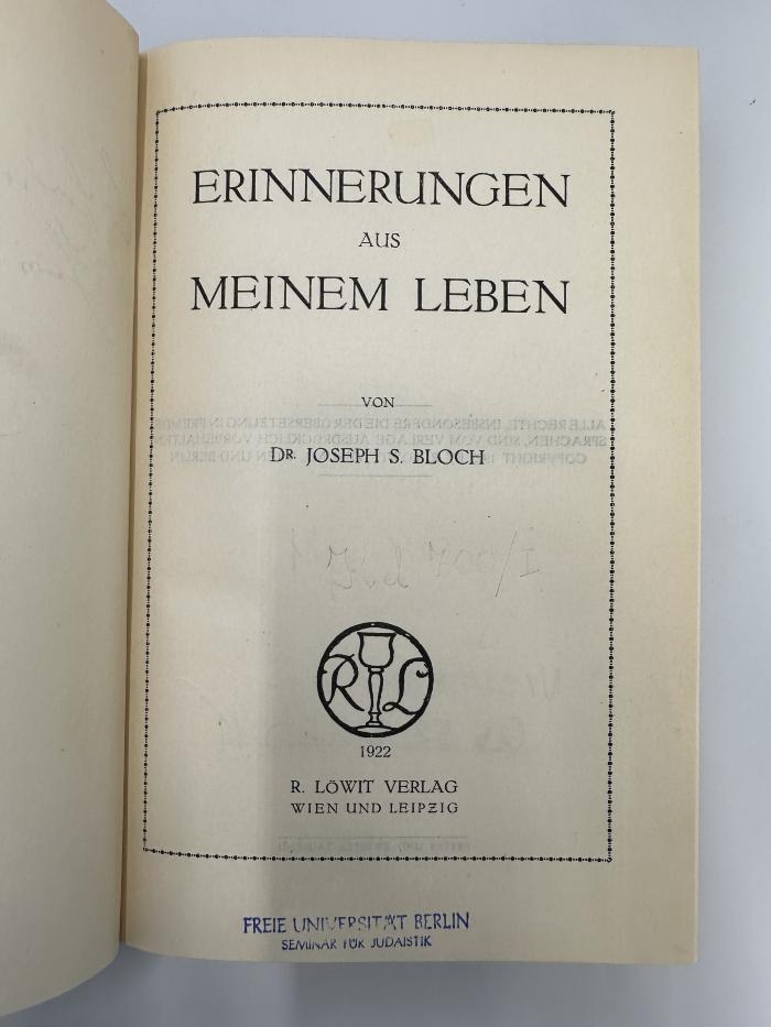 NY 9250 B651 E6-1 : Erinnerungen aus meinem Leben 1. (1922)