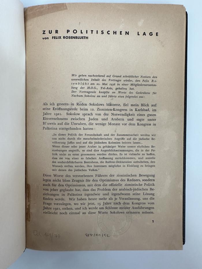 NQ 5750 H674+2 : Unruhen in Palästina : Sammelheft zur politischen Lage (1936)