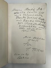 - (Teitel, Jacob;Weisse, Rabb. Dr. Samson), Von Hand: Widmung, Ortsangabe, Datum, Name, Autogramm; 'Herrn Rabb. Dr. Weisse sende ich mit besonderer Freude dieses Buch und danke letztlich für Ihre Mitarbeit zugunsten unserer armen Brüder. Mit besten Gruss Ihr J. Teitel. 11-1-29 Berlin'. 