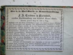 - (Kleinbub, Christian;Credner, Friedrich August;F. A. Credner & Kleinbub (Prag)), Etikett: Berufsangabe/Titel/Branche, Name, Ortsangabe, Buchhändler, Besitzwechsel; 'Die k.k. Hof-Buch-und Kunsthandlung von 
F. A. Credner & Kleinbub,
vordem Buchhandlung von Gottlieb Haase Söhne,
Altstadt, grosser Ring Nr. 548 in Prag,
[...]'. 