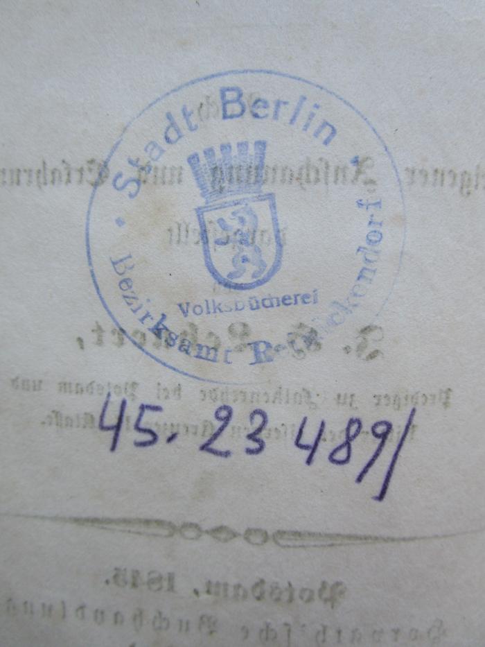  Das Leben Friedrich Wilhelm III. Königs von Preußen in Paretz. (1845);-, Von Hand: Inventar-/ Zugangsnummer; '45. 23 489 '