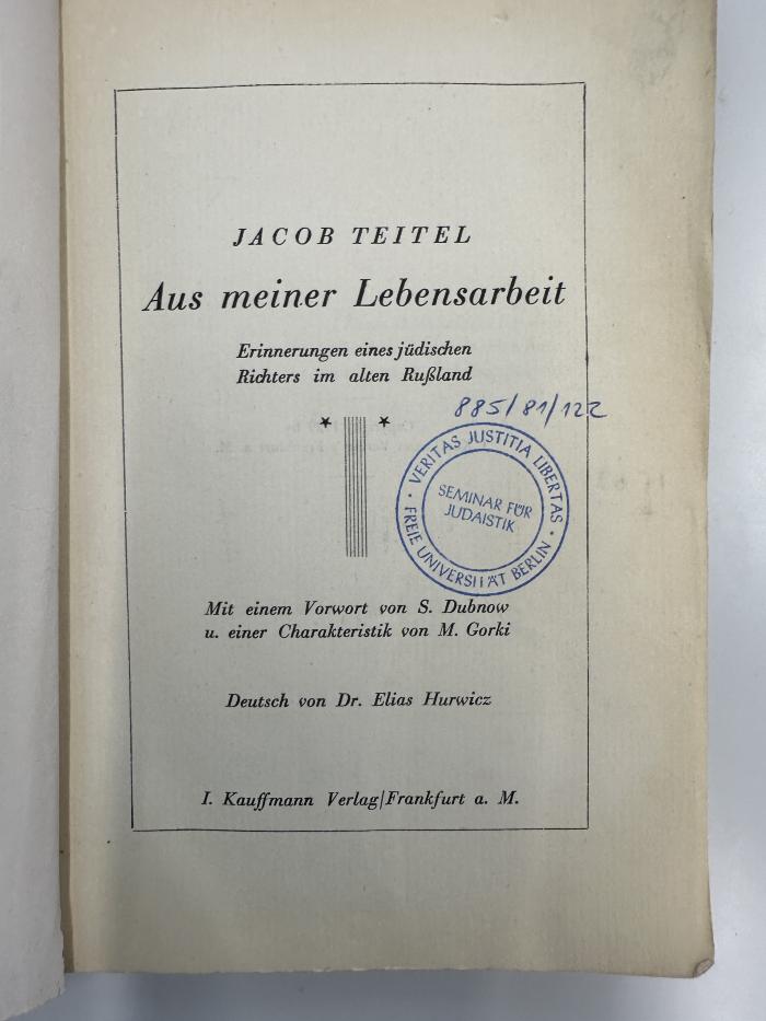 NY 9250 T266 I9D : Aus meiner Lebensarbeit : Erinnerungen eines jüdischen Richters im alten Rußland (1929)