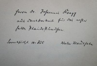  Frankfurt an der Oder als Druckerstadt (1936);- (Maushake, Walter;Koepp, Johannes), Von Hand: Autogramm, Name, Ortsangabe, Datum, Besitzwechsel, Widmung; 'Herrn Dr. Johannes Koepp
aus Dankbarkeit für das erste 
halbe Plauderstündchen.
Frankfurt O. 19. Juli
Walter Maushake'. 