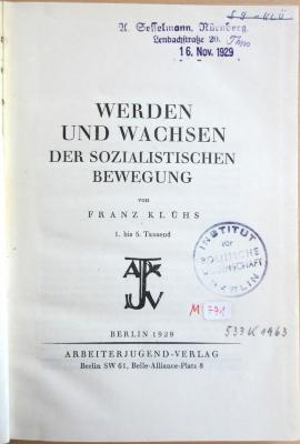 M 741 Klue : Werden und Wachsen der sozialistischen Bewegung  (1929)