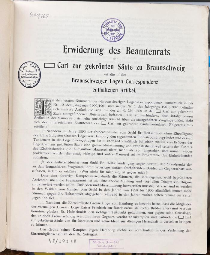 Q 00/765 : Erwiderung des Beamtenrats der Carl zur gekrönten Säule zu Braunschweig auf die in der Braunschweiger Logen-Correspondenz enthaltenen Artikel (1901)