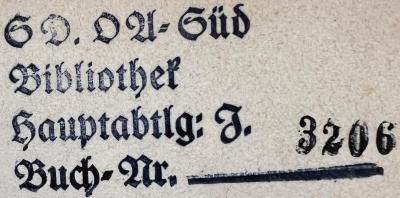 - (SD Oberabschnitt Süd), Stempel: Name; 'SD. OA-Süd Bibliothek Hauptabtlg: J. Buch-Nr.'.  (Prototyp)
