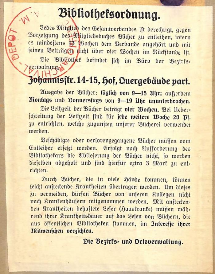 - (Gesamtverband der Arbeitnehmer der öffentlichen Betriebe und des Personen- und Warenverkehrs), Etikett: ; 'Bibliotheksordnung [...] Johannisstr. 14-15, Hof, Quergebäude part. [...]'.  (Prototyp)