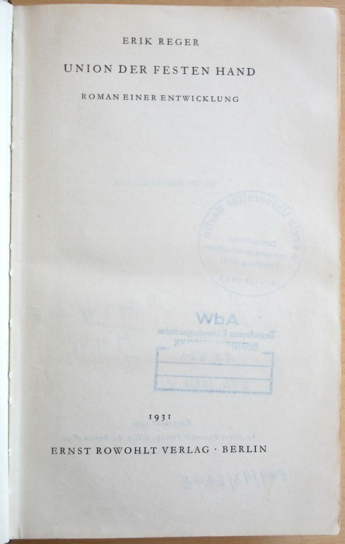 M 748 126 : Union der Festen Hand - Roman einer Entwicklung  (1931)