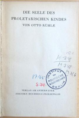M 748 124 : Die Seele des proletarischen Kindes (1925) (1925)