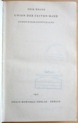 M 748 126 : Union der Festen Hand - Roman einer Entwicklung  (1931)